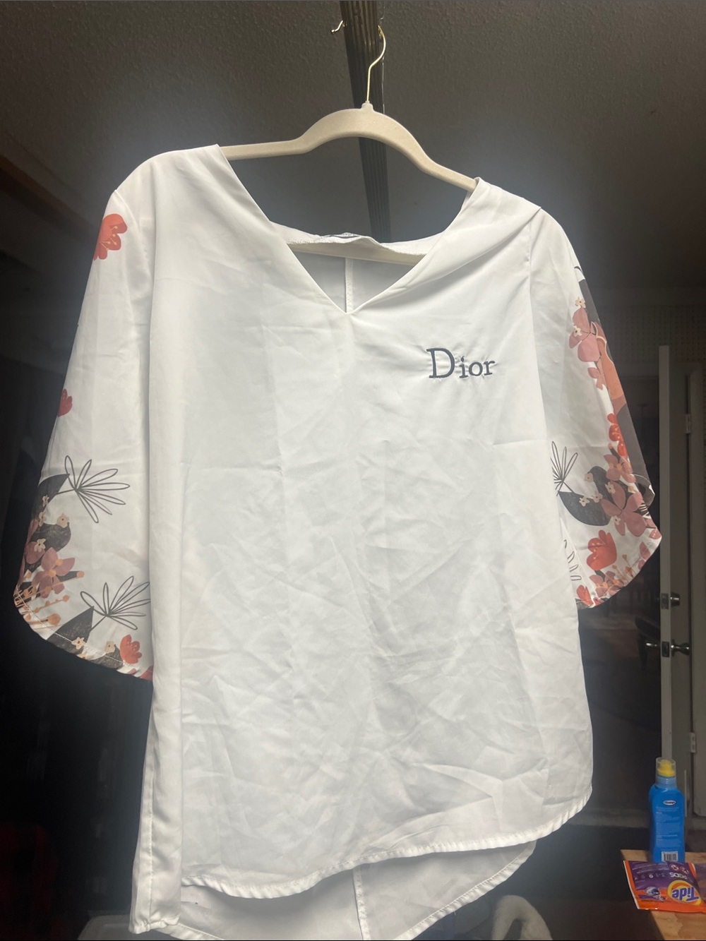 Dior White Top with Pink Floral Sleeve Accents